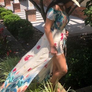 Floral Off-Shoulder Maxi Romper in Cream and Teal